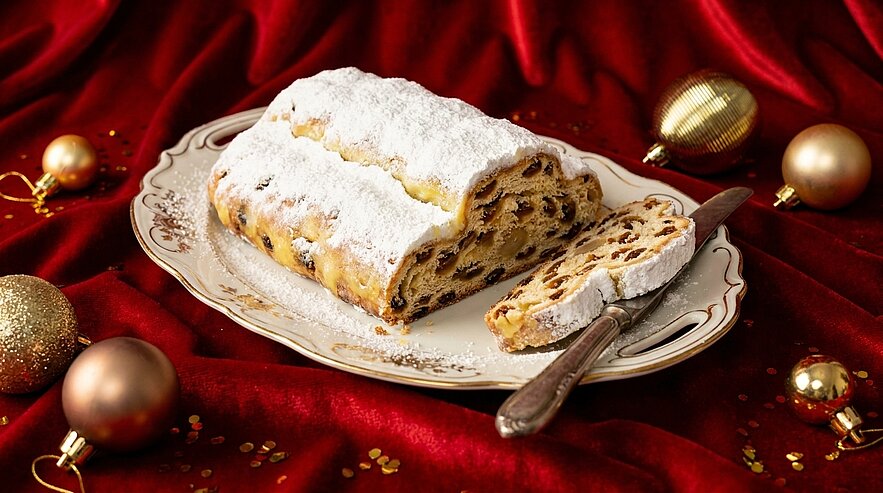 Aufgeschnittener, mit Puderzucker bestäubter Christstollen mit Rosinen und Nüssen auf einem Teller, daneben ein Messer.