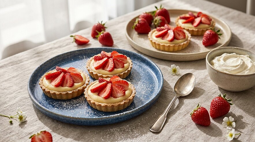 Auf dem Tisch befinden sich zwei Teller mit Erdbeertörtchen, die mit frischen Erdbeeren belegt sind. Eine Schüssel mit Sahne und einige Erdbeeren sind ebenfalls daneben platziert. Die Szenerie wirkt hell und einladend.