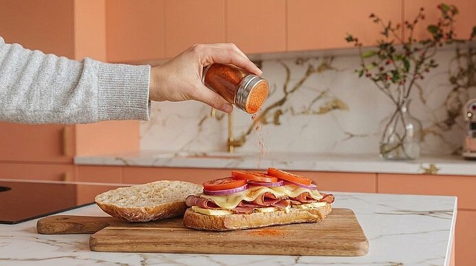 Hand streut Gewürz über ein offenes Sandwich mit Brot, Schinken, Käse sowie Tomaten‑ und Zwiebelscheiben auf einem Holzbrett.
