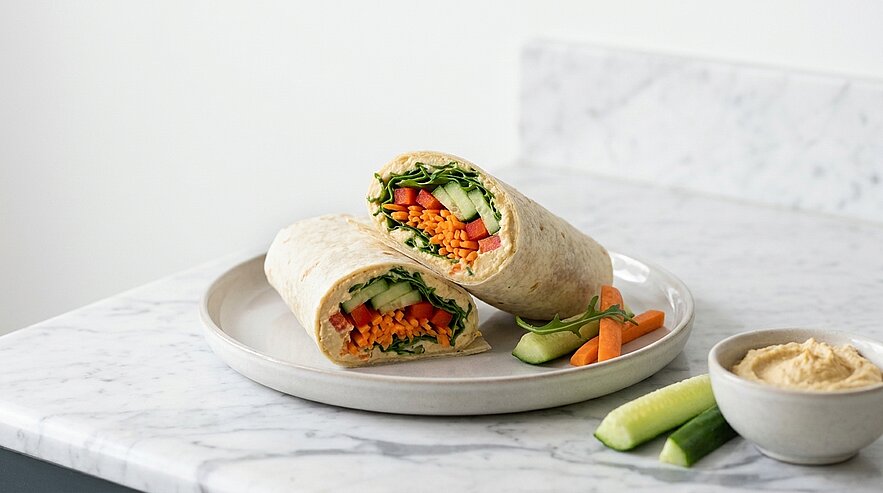 Zwei Hälften eines vegetarischen Wraps, gefüllt mit Karottenstiften, Gurken, Salat und Hummus, auf einem Teller serviert.