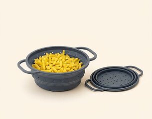 Eine grau silikonisierte Abtropfschale mit langen Griffe, die mit ungekochten Pasta gefüllt ist. Darüber liegt ein passender Deckel mit Löchern für Dampfdurchlässigkeit. Die Schale ist flexibel und dient zum Abtropfen oder Dämpfen von Lebensmitteln.