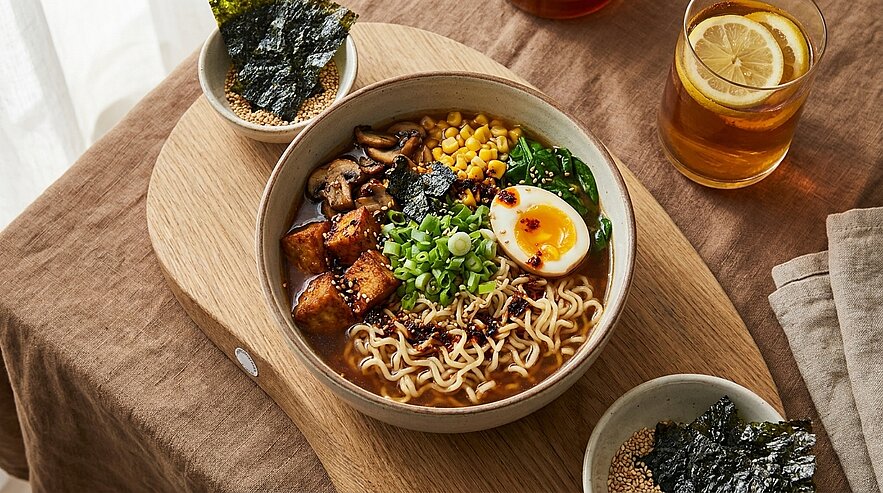 Schüssel Ramen mit Brühe und Nudeln, garniert mit halbiertem weichgekochtem Ei, mariniertem Tofu, Mais, Pilzen, Spinat, Frühlingszwiebeln und Nori-Algen.