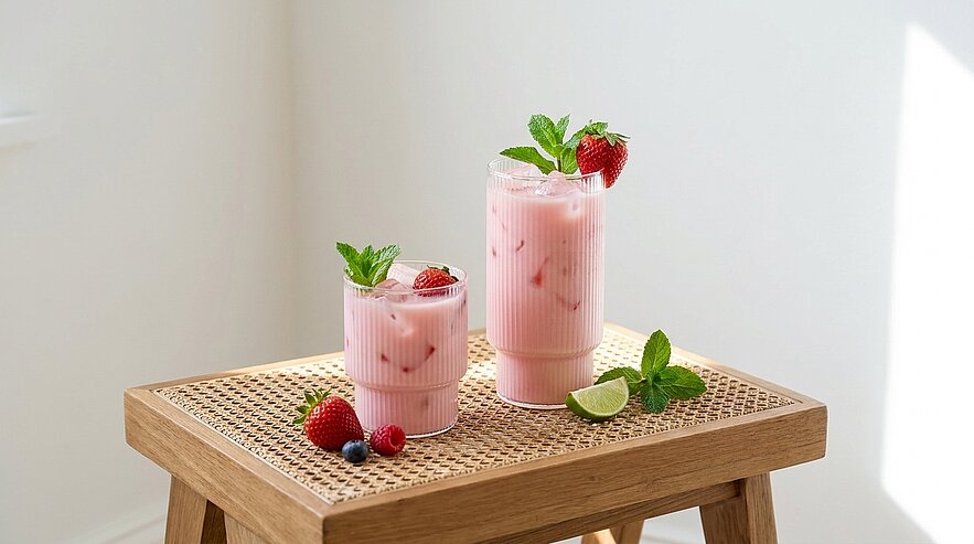 Zwei rosa Erdbeer-Smoothies mit Eis in klaren Gläsern, garniert mit Erdbeeren und Minze; daneben einige Beeren und eine Limettenscheibe auf einem geflochtenen Holzhocker.