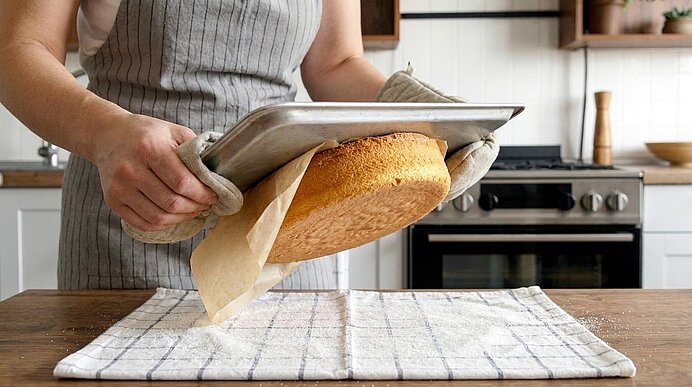Person in Schürze hebt mit Ofenhandschuhen einen frisch gebackenen runden Kuchen aus einer Backform und setzt ihn auf ein Tuch auf dem Küchentisch.