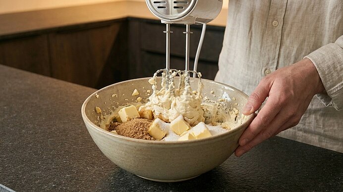 Elektrischer Handmixer rührt in einer Schüssel Butterwürfel, braunen Zucker und Mehl; Hände halten die Schüssel, Teig wird zubereitet.