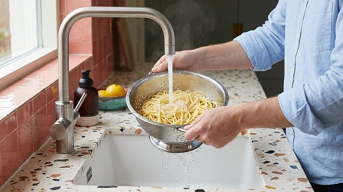 Hände halten ein Metallsieb mit gekochten Spaghetti unter fließendem Wasser über einem Spülbecken.