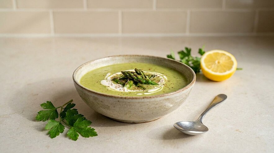 Schüssel mit grüner Spargelsuppe, garniert mit Sahnewirbel und Spargelspitzen; Petersilie, Zitronenhälfte und Löffel daneben.