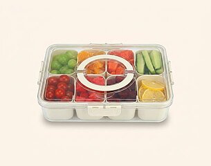 Zwei stapelbare Lunchboxen aus durchsichtigem Kunststoff, gefüllt mit einer Vielzahl von frischem Obst und Gemüse. Dazu gehören Kirschtomaten, Trauben, Paprika, Gurken und Zitrusfrüchte. Die Boxen sind in verschiedenen Fächern unterteilt, um die Lebensmittel zu trennen.