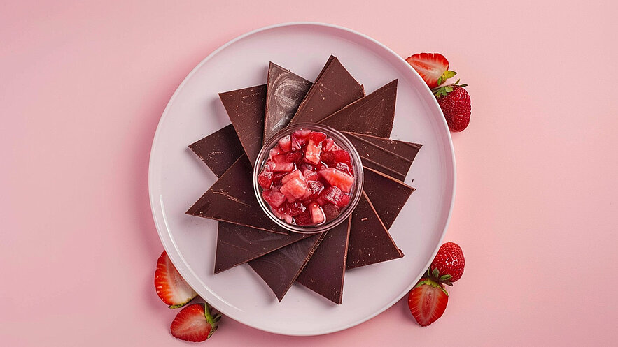 Ein Teller mit dunkler Schokolade in Form von Dreiecken umgibt eine Schale mit frischen, geschnittenen Erdbeeren. Erdbeeren sind auch verstreut um den Teller. Der Hintergrund ist in sanftem Rosa gehalten.