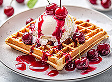 Image of Waffeln mit Eis und Kirschen