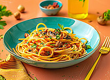 Image of Nudeln mit Tomatensauce, Pilzen und Nüssen