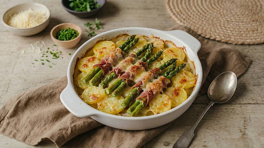 Ein Auflauf mit Kartoffeln und grünem Spargel, der mit Schinken umwickelt ist, wird in einer weißen Auflaufform präsentiert. Neben dem Gericht liegen frische Kräuter in kleinen Schalen. Der Hintergrund zeigt eine rustikale Tischoberfläche.