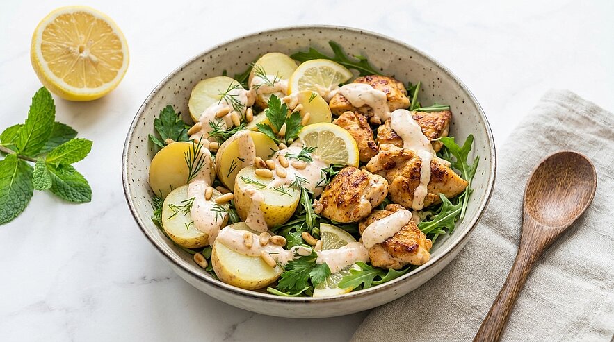 Schüssel mit Kartoffelsalat: halbierte Kartoffeln, gegrillte Hähnchenstücke, Rucola, Zitronenscheiben, Pinienkerne, Dill und Petersilie, cremiges Dressing.