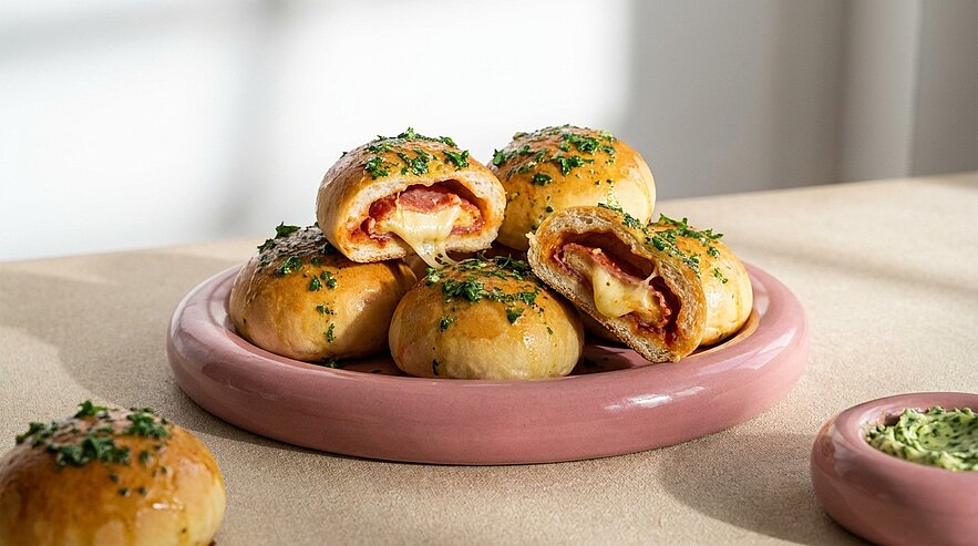 Mehrere goldbraune, gefüllte Brötchen, eins aufgeschnitten und mit geschmolzenem Käse und Schinken gefüllt, mit gehackten Kräutern bestreut auf einem rosa Teller.