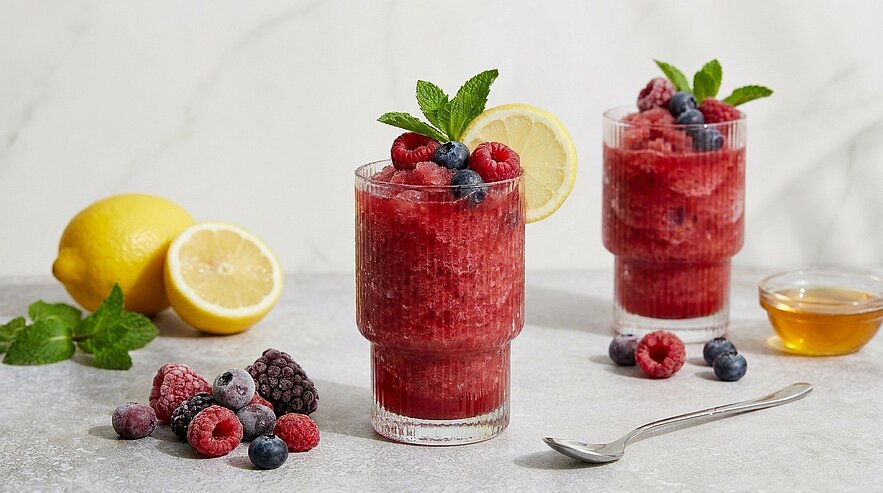 Zwei Gläser roter Beeren-Slushes, jeweils mit Himbeeren, Blaubeeren, Minzblatt und Zitronenscheibe garniert; davor lose Beeren, halbierte Zitrone und ein kleines Schälchen Honig.