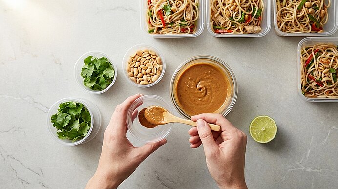 Hände füllen mit einem Löffel Erdnusssoße in ein kleines Gefäß; daneben Schälchen mit Koriander, Erdnüssen und Limettenhälfte sowie mehrere vorbereitete Nudel-Mealprep-Boxen mit Gemüse.