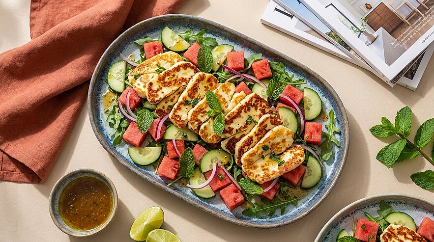 Gebratene Halloumi-Scheiben auf Rucola-Salat mit Wassermelonenwürfeln, Gurkenscheiben, roten Zwiebelringen und Minzblättern; Limettenspalten und Dressing daneben.