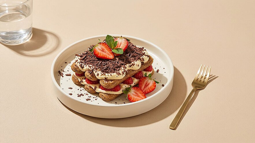 Eine appetitliche Torte aus Löffelbiskuits, umschichtet mit Sahne und frischen Erdbeeren, liegt auf einem weißen Teller. Die Oberseite ist mit Schokoladenraspeln und einer Erdbeere sowie einem Minzblatt garniert. Ein goldener Besteck liegt daneben.