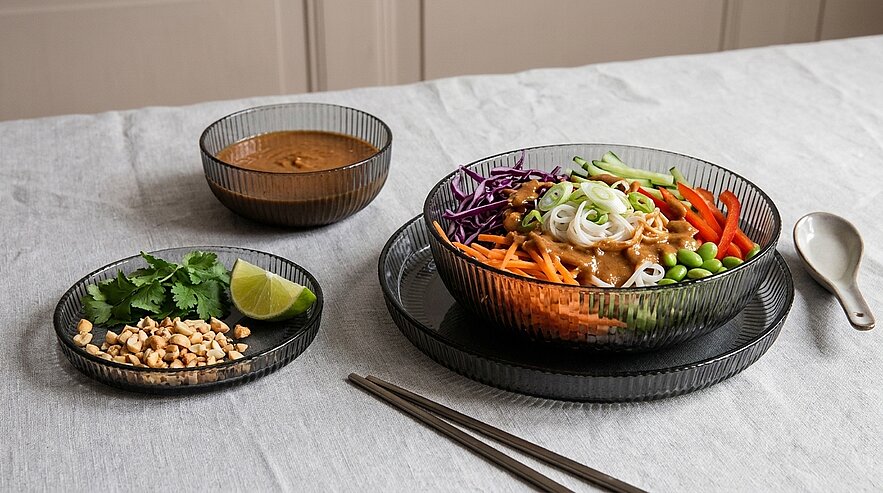 Schüssel mit buntem, asiatisch inspiriertem Nudel‑/Gemüse‑Bowl: Karottenstreifen, Rotkohl, Edamame, Frühlingszwiebeln und Erdnuss‑Dressing; daneben kleine Schalen mit gehackten Erdnüssen, Koriander, Limettenschnitz und Essstäbchen.