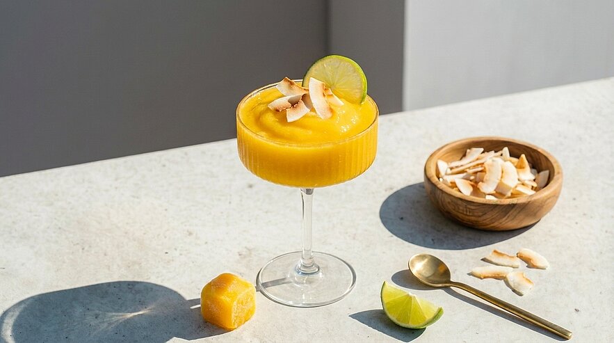 Tropische Mango‑Sorbet in einer Coupette, garniert mit gerösteten Kokosflocken und Limettenscheibe; daneben Schale mit Kokosflocken, Limettenstück, goldener Löffel und Mangowürfel auf hellem Untergrund.