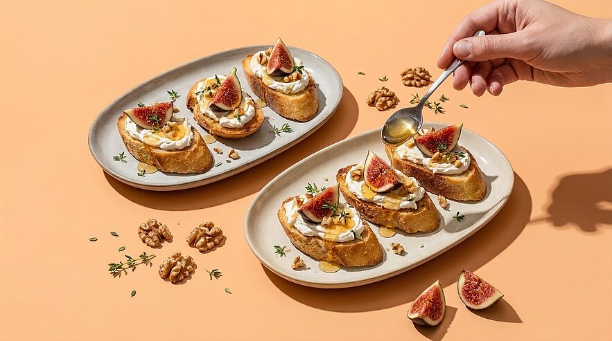 Zwei Teller mit gerösteten Brotscheiben belegt mit Frischkäse, Feigenstücken, gehackten Walnüssen und Thymian; eine Hand träufelt Honig über die Crostini.
