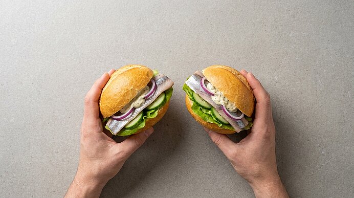 Oben fotografiert: Zwei belegte Brötchen, jeweils in einer Hand gehalten, mit Salat, roten Zwiebelringen, Tomatenscheiben und hellem Aufstrich.