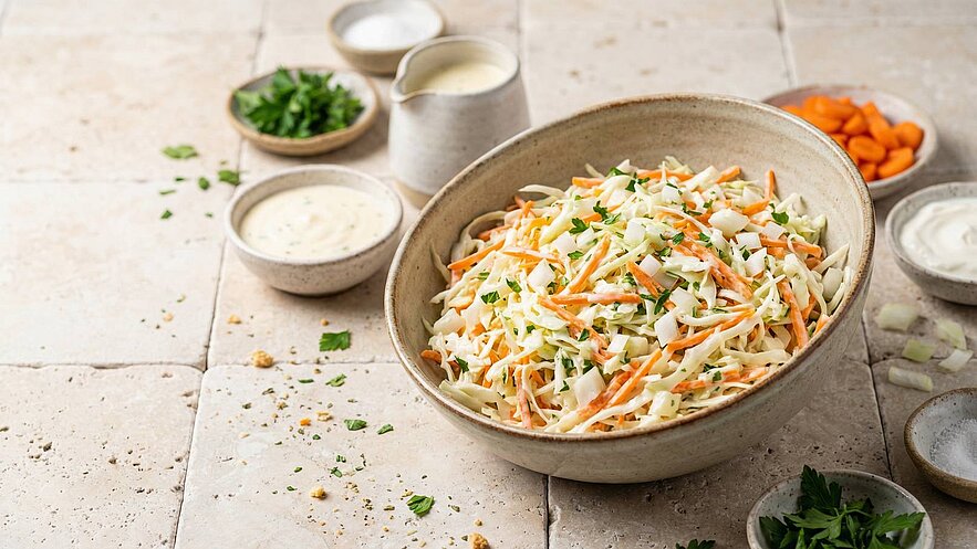 Eine große Schüssel mit Krautsalat, der aus gehobeltem Weißkohl und Möhren besteht, ist im Vordergrund. Um die Schüssel herum stehen kleine Schalen mit frischen Kräutern, Saucen und Karottenstücken. Der Hintergrund hat einen neutralen Steinboden.