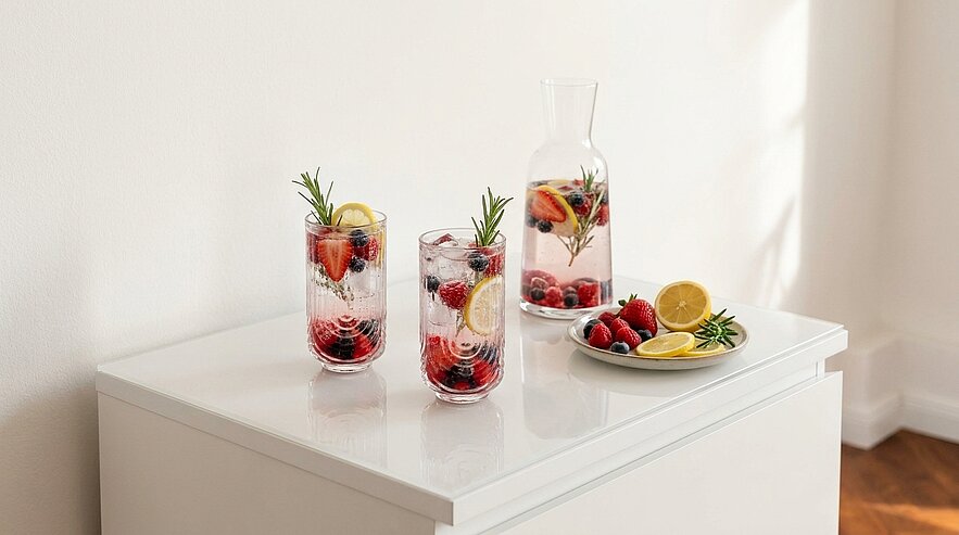 Karaffe und zwei Gläser mit eisgekühltem Wasser, gefüllt mit Erdbeeren, Cranberries, Zitronenscheiben und Rosmarinzweigen; daneben ein Teller mit Erdbeeren und Zitronenscheiben auf einer weißen Kommode.