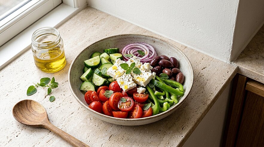 Schüssel mit frisch zubereitetem griechischem Salat: halbierte Kirschtomaten, gewürfelte Gurke, grüne Paprikastreifen, rote Zwiebelringe, schwarze Oliven und Feta mit Kräutern; Glas Olivenöl daneben.