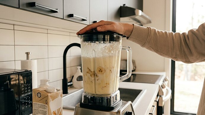 Hand hält den Deckel eines Standmixers in einer Küche; im Glaskrug sind Bananenscheiben und Milch — Zubereitung eines Smoothies.