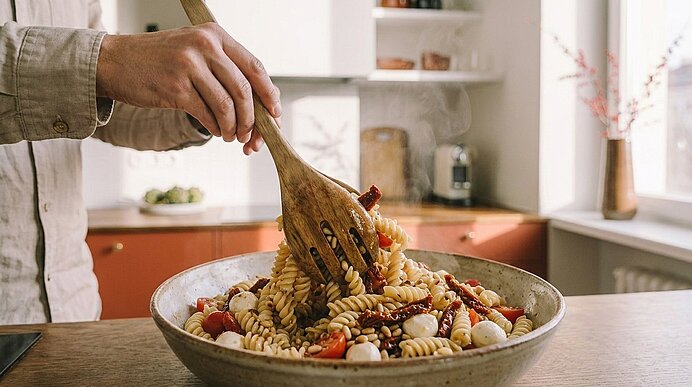 Hände rühren mit Holzsalatbesteck eine große Schüssel Nudelsalat mit Fusilli, Kirschtomaten und Mozzarellabällchen in einer Küche.