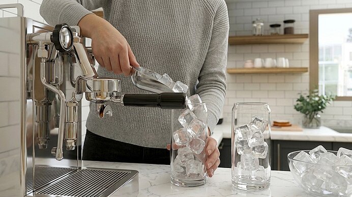 Person in einer Küche füllt mit einer Eiskelle ein hohes Glas neben einer Espressomaschine; zwei weitere mit Eis gefüllte Gläser und eine Schüssel mit Eis stehen auf der Arbeitsplatte.