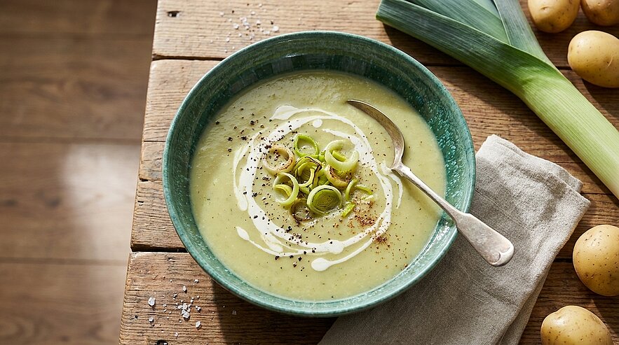 Schüssel cremige Lauch‑Kartoffel‑Suppe, garniert mit Sahnewirbel, feinen Lauchringen und schwarzem Pfeffer; daneben Löffel, Lauchstange und Kartoffeln auf rustikalem Holzuntergrund.