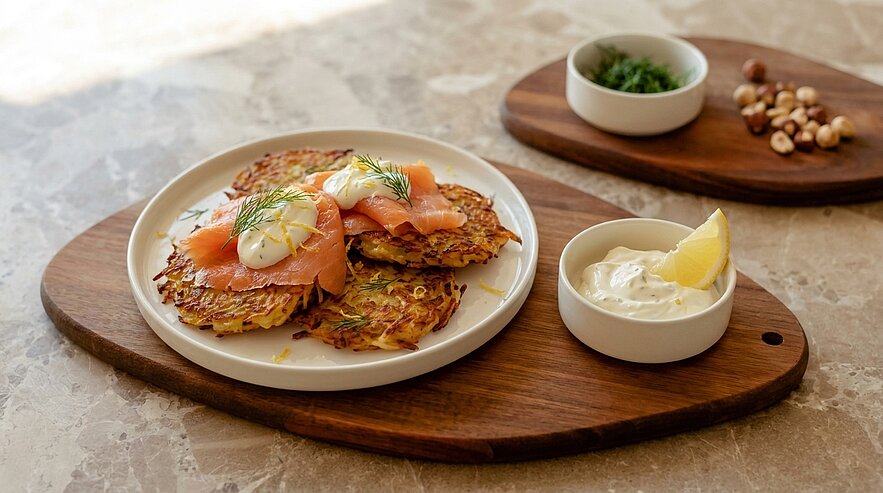 Kartoffelpuffer mit Räucherlachs: knusprige Puffer auf einem Teller, garniert mit Crème fraîche und Dill; daneben ein Schälchen Zitronencreme.