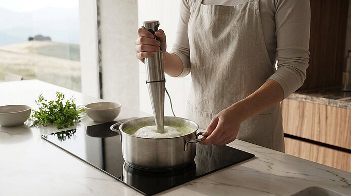Person mit Schürze püriert mit einem Stabmixer eine cremige Suppe in einem Topf auf dem Herd.