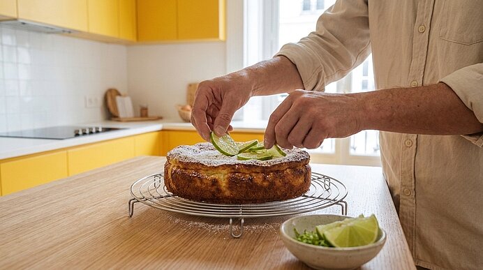 Eine Person dekoriert in einer hellen Küche einen runden Kuchen auf einem Abkühlgitter und legt Limettenscheiben auf die Glasur; eine Schale mit Limettenspalten steht daneben.