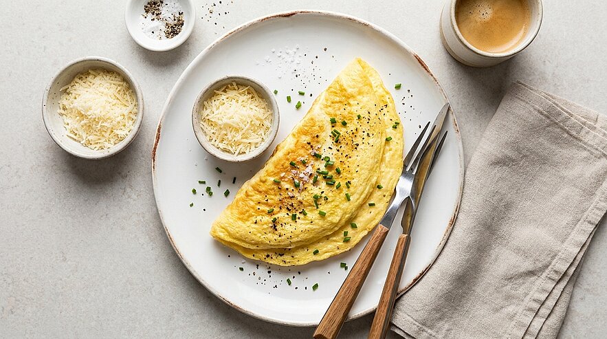 Ein Teller mit einer goldbraunen Omelette, garniert mit frischem Schnittlauch und schwarzem Pfeffer. Daneben befinden sich zwei kleine Schalen mit geriebenem Käse. Im Hintergrund steht eine Tasse Kaffee. Der Tisch hat eine helle, neutrale Oberfläche.