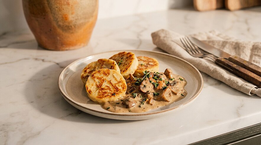 Teller mit drei goldbraun angebratenen Kartoffelklößenscheiben und cremigem Pilzragout mit Champignons und frischer Petersilie.