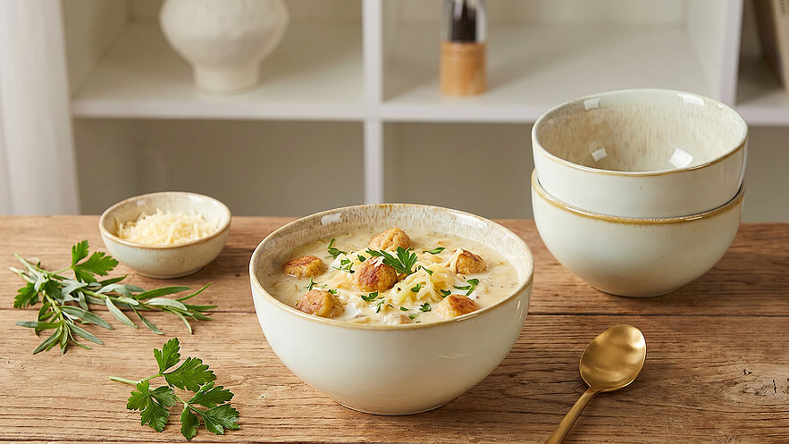 Eine Schüssel mit cremiger Suppe, belegt mit Knödeln und frischen Kräutern, steht auf einem Holztisch. Daneben befinden sich eine kleine Schale mit geriebenem Käse und mehrere leere Schalen. Ein goldener Löffel liegt bereit.