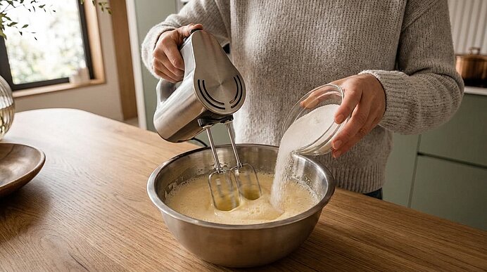 Person rührt mit elektrischem Handmixer in einer Metallschüssel, während Milch aus einem Glas in die Mischung gegossen wird.