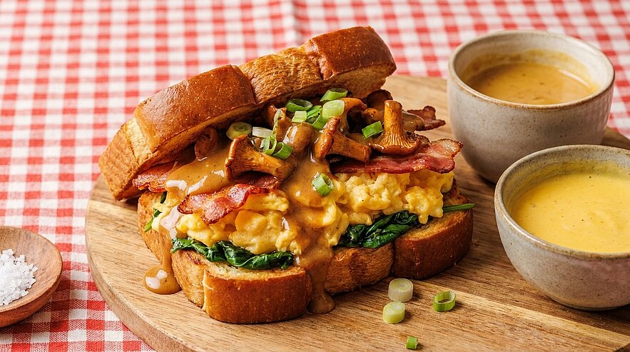 Herzhafter Sandwich mit Rührei, knusprigem Speck, gebratenen Pfifferlingen, Spinat und schmelzender Käsesauce, garniert mit Frühlingszwiebeln, auf Holzbrett; daneben zwei Schälchen mit Sauce.