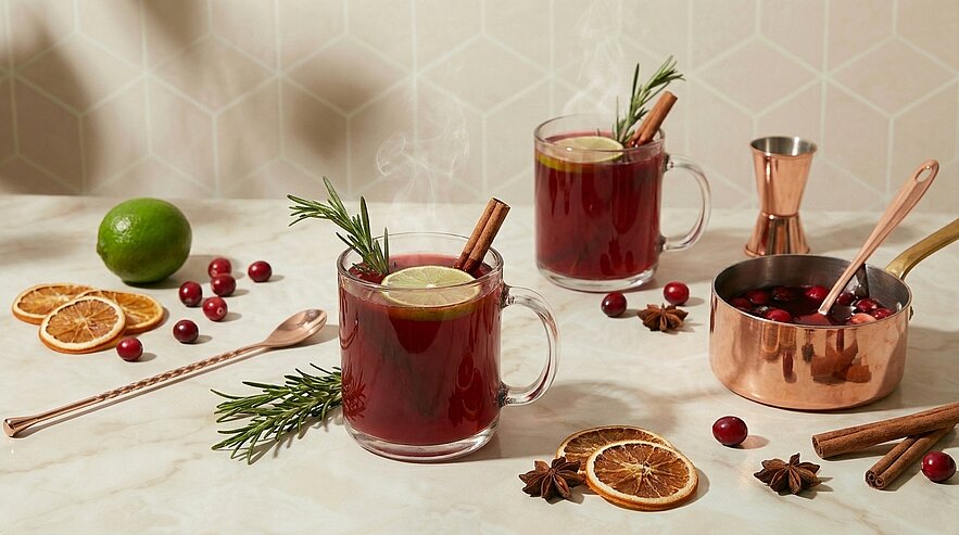 Zwei dampfende Gläser Glühwein mit Limettenscheiben, Zimtstangen und Rosmarin; daneben ein Kupfertopf mit Beeren, getrocknete Orangenscheiben und Gewürze.