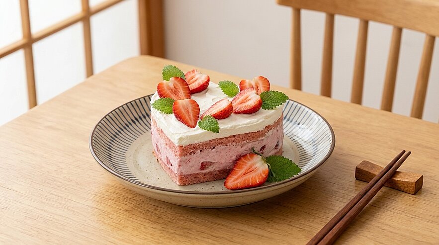 Ein Stück Erdbeertorte auf einem Teller, garniert mit frischen Erdbeeren und Minzblättern. Die Torte hat eine schichtartige Struktur und ist mit einer weißen Sahnehaube bedeckt. Im Hintergrund ist ein Holztisch zu sehen.