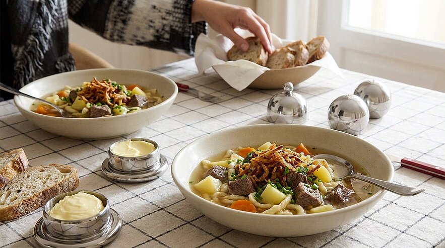 Zwei Suppenschalen mit Brühe, Rindfleisch, Kartoffel- und Karottenstücken, garniert mit Röstzwiebeln auf einem Tisch; daneben Brotkorb mit Brot und kleine Butterportionen. Eine Hand greift nach dem Brot.