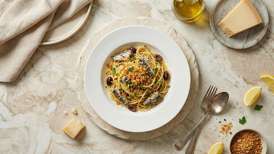 Ein Teller mit Spaghetti, garniert mit Sardellen, Oliven und einem knusprigen Brösel-Topping. Daneben ein Glas Olivenöl, ein Stück Parmesan und einige Zitronenschnitze. Der Hintergrund ist eine helle Marmortheke.