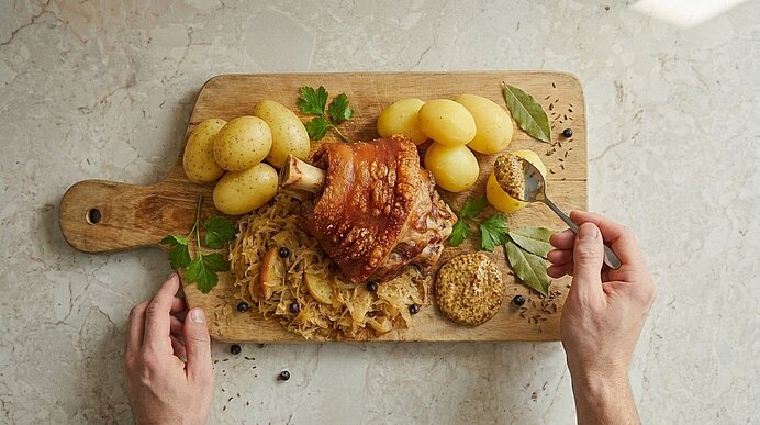 Auf einem Holzbrett: knusprige Schweinshaxe auf Sauerkraut, daneben kleine Salzkartoffeln, Senf in Schale und auf einem Löffel, garniert mit Petersilie.