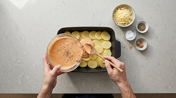 Hände gießen gewürzte Sahne-Käsesauce über dünn geschnittene Kartoffeln in einer Auflaufform; nebenan Schalen mit geriebenem Käse und Gewürzen.