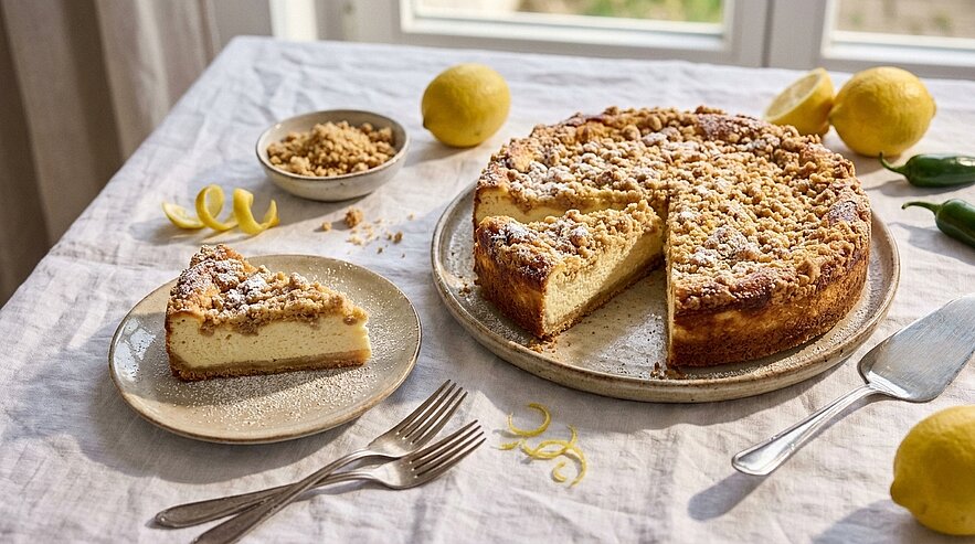 Ein frisch gebackener Käsekuchen mit einem krümeligen Belag steht auf einem Teller. Ein Stück Kuchen ist auf einem kleineren Teller daneben. Im Hintergrund liegen einige Zitronen und eine Schale mit Krümeln. Ein heller Tisch mit einer natürlichen Lichtquelle rundet das Bild ab.