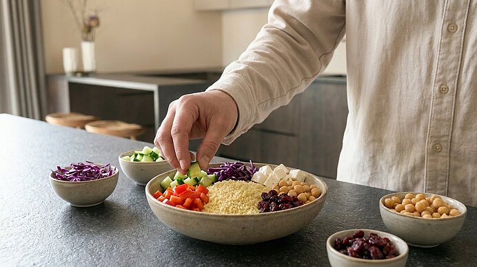 Nahaufnahme einer Hand, die eine Schüssel mit buntem Getreide‑Gemüse‑Salat anrichtet: Couscousähnliche Körner, Kichererbsen, rote Paprika, Gurkenwürfel, Rotkohl und weiße Würfel (Käse oder Tofu).