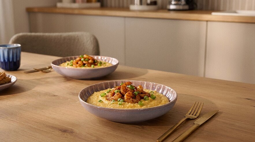 Zwei flache Schalen mit cremiger Polenta auf einem Holztisch, jeweils mit gebräunten kleinen Stücken und grünen Erbsen garniert; Besteck liegt daneben.